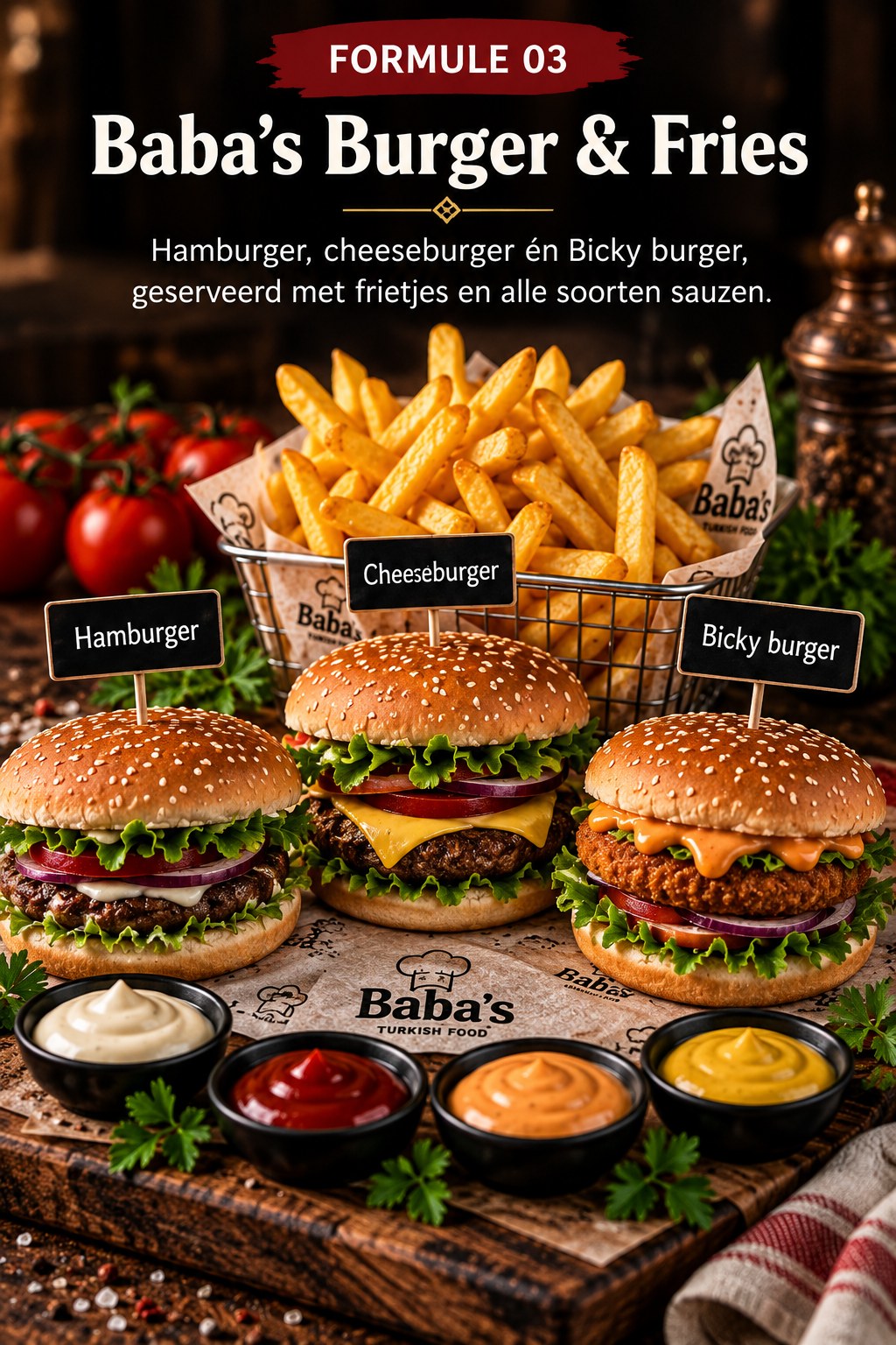 Baba's Burger & Fries — hamburger, cheeseburger en Bicky burger met frietjes